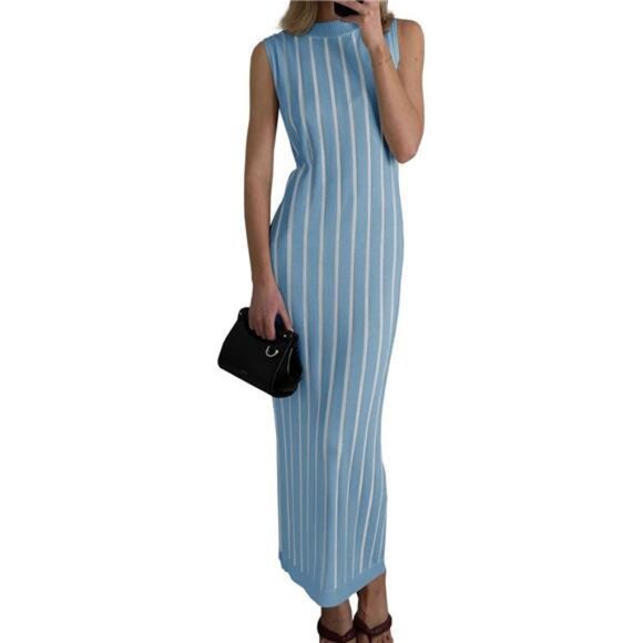Womens Sleeveless Sweater Dress Blue x White - Picture 2 of 5